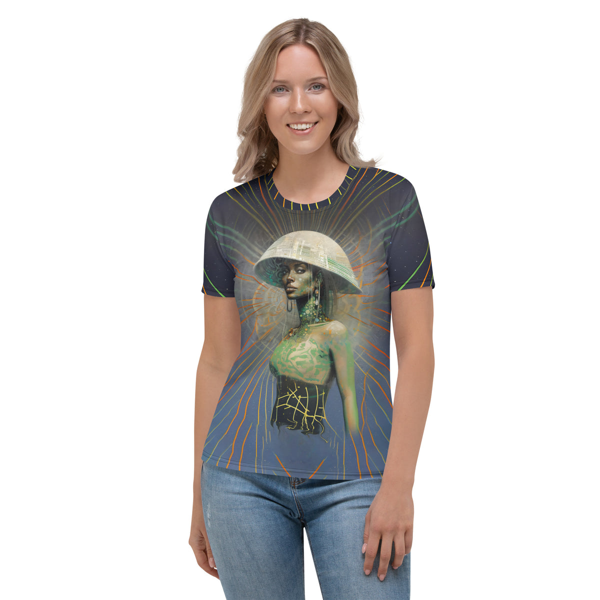 Sunset Serenity Beyond Style women's crew neck with sunset design.