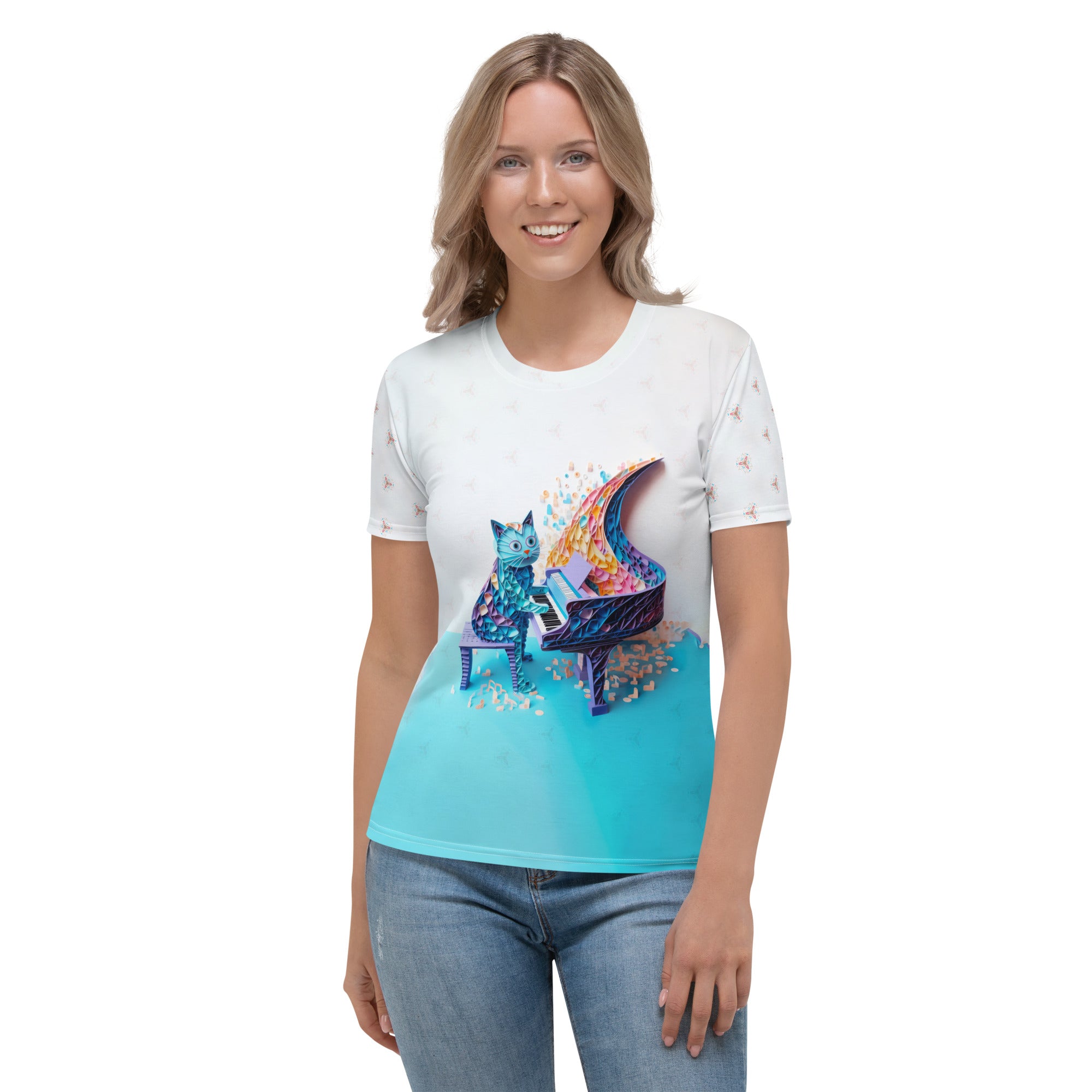 Ethereal Peacock Splendor Women's Crew Neck T-Shirt with elegant peacock design.