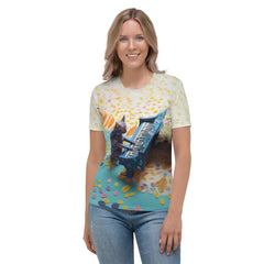 Tropical Parrot Paradise women's crew neck T-shirt with vibrant design.