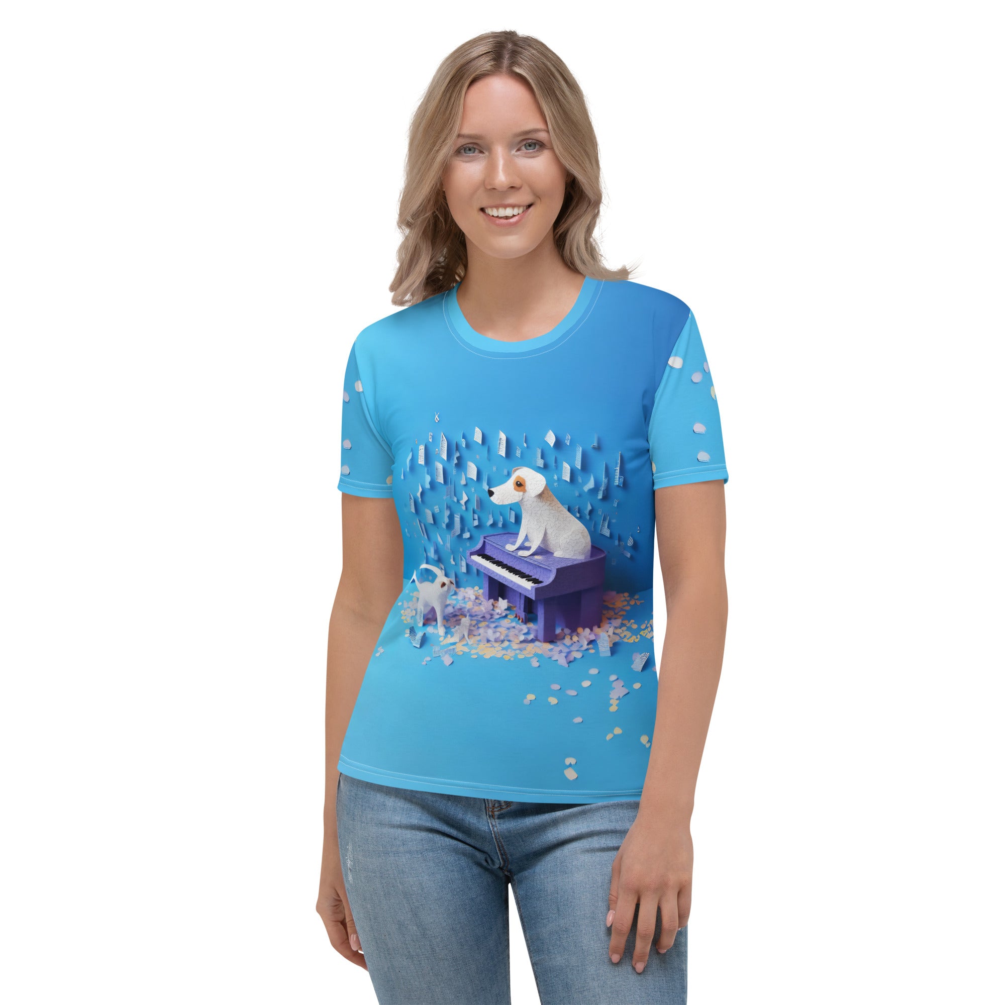 Cascading Waterfall Serenity women's crew neck T-shirt with waterfall design.