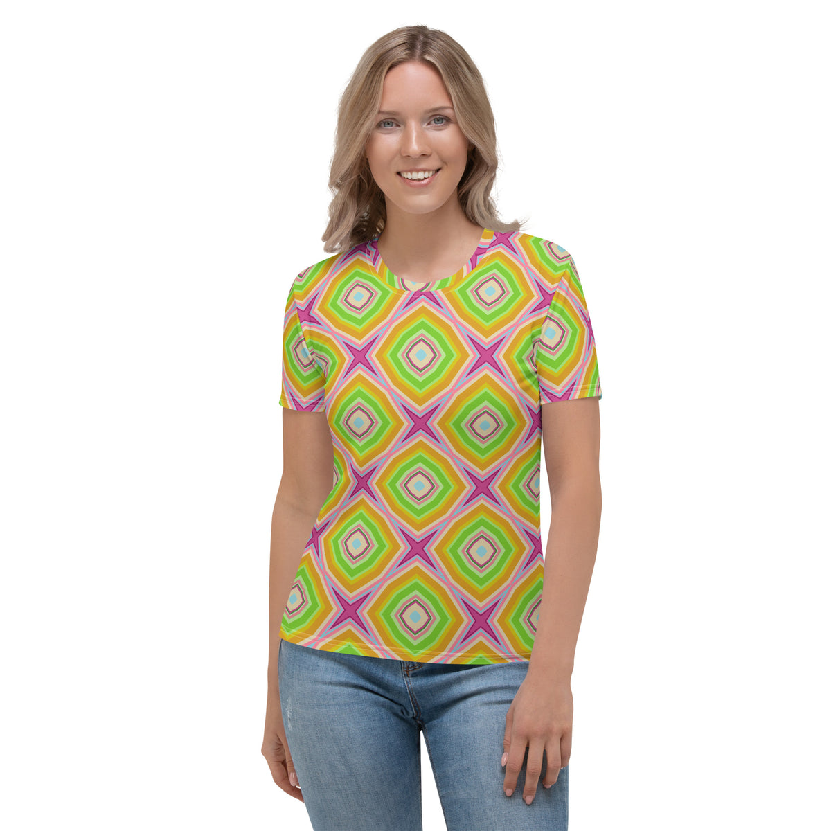 Geometric Harmony pattern on women's crewneck t-shirt.