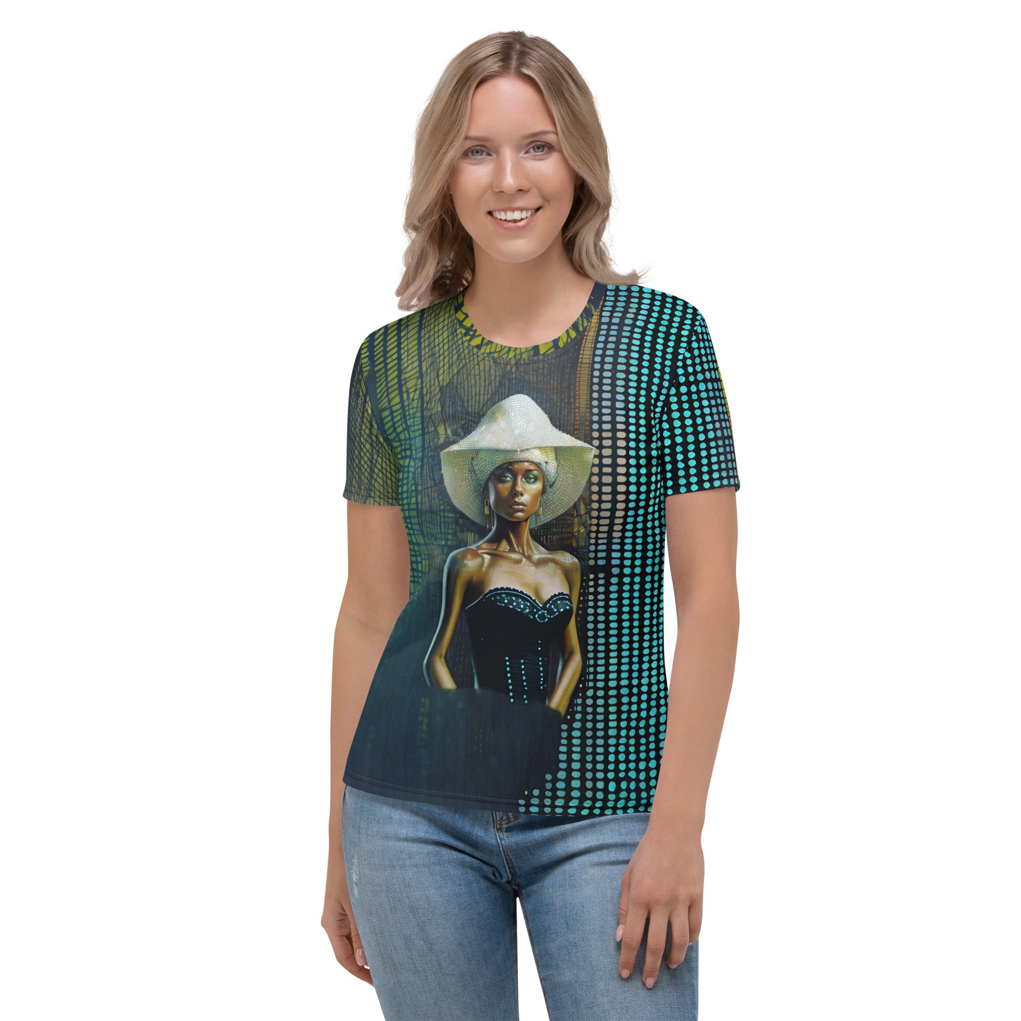 Artistic Flair women's printed crewneck tee on model.