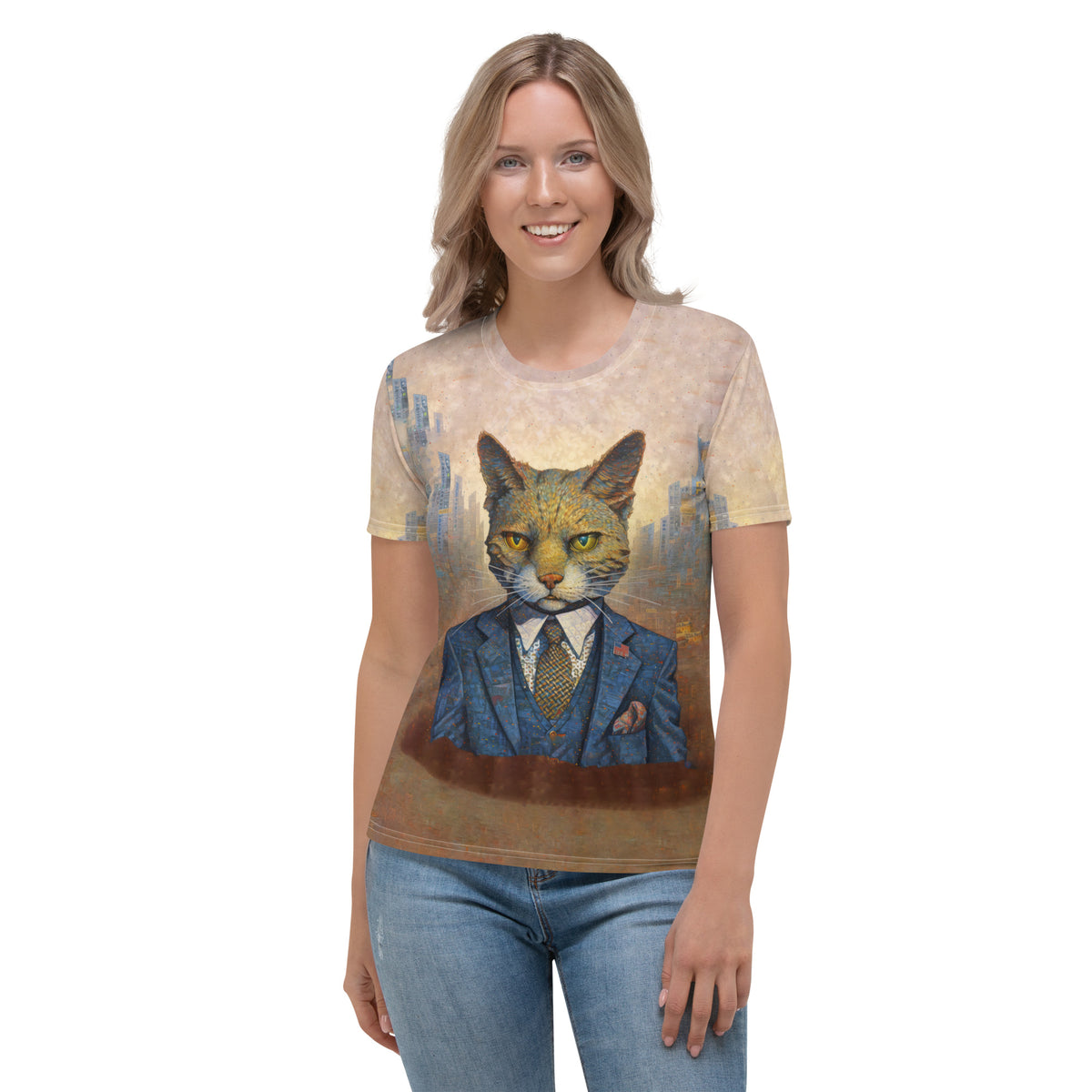 Woman wearing Cat Nap crewneck tee with playful cat design