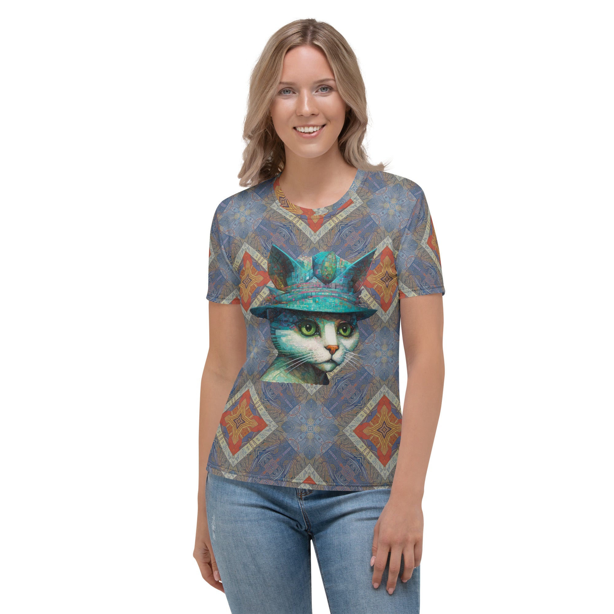 Women's crewneck tee with cat design