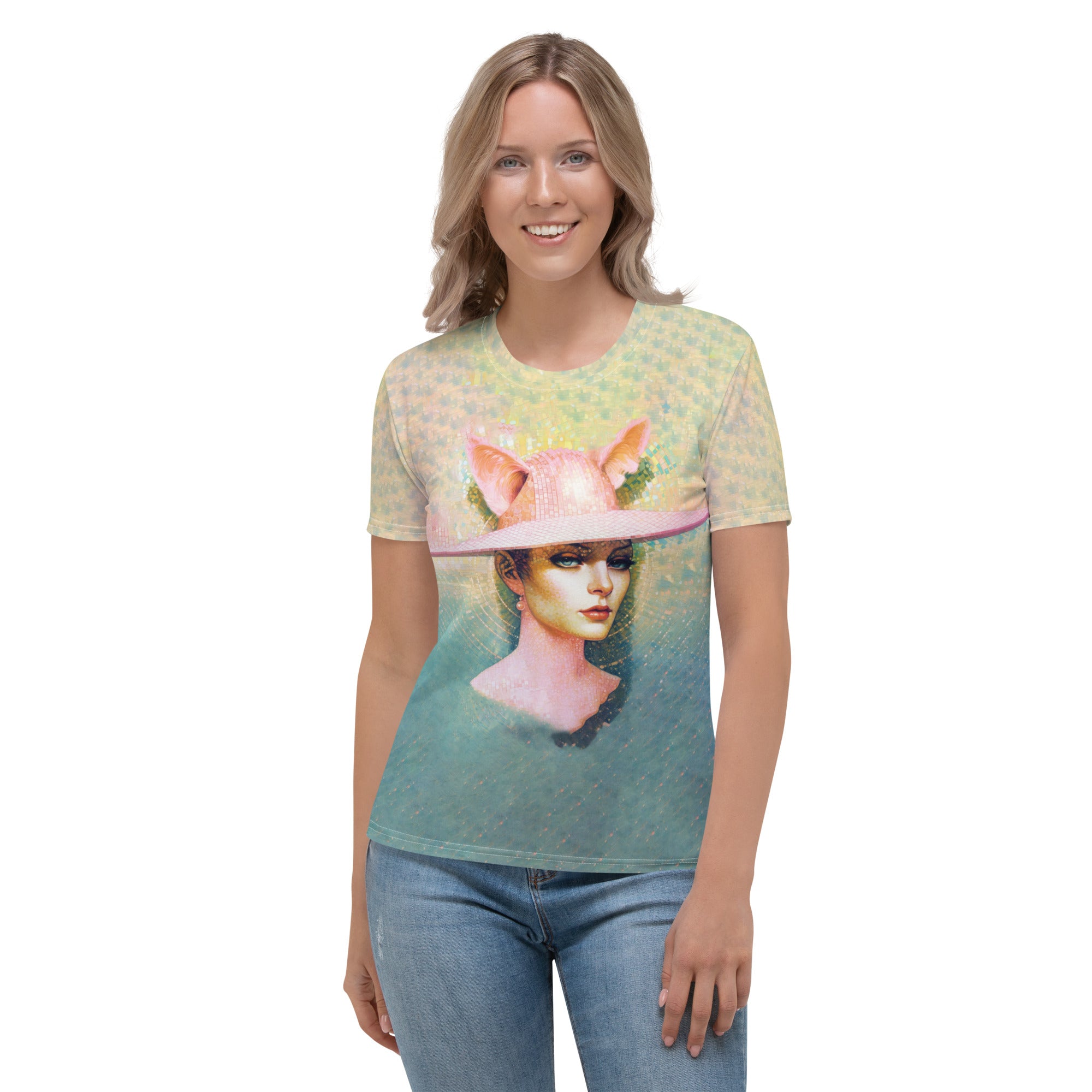 Woman wearing colorful Hopping Happiness crewneck t-shirt.