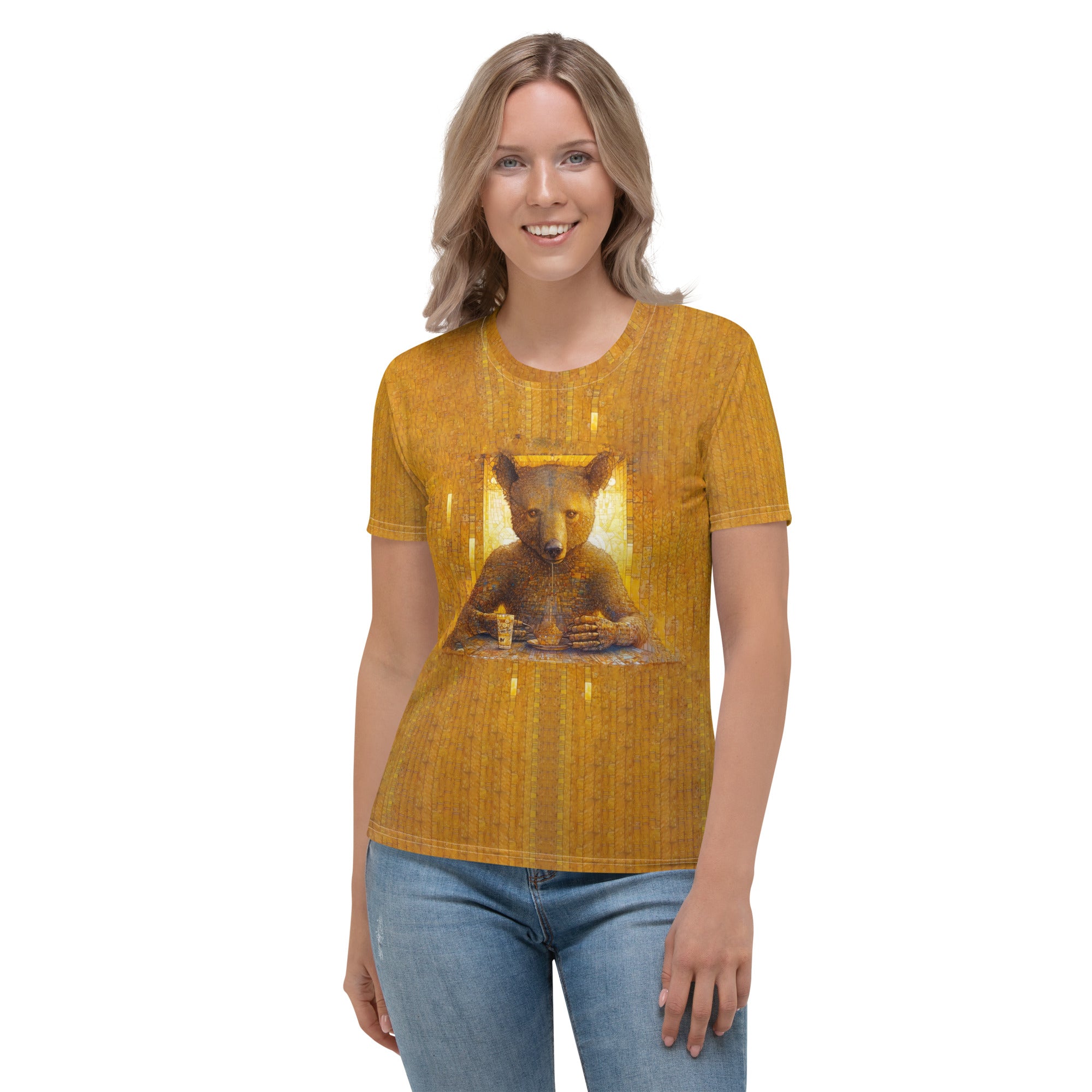 Cozy Bear Haven crewneck tee for women displayed.