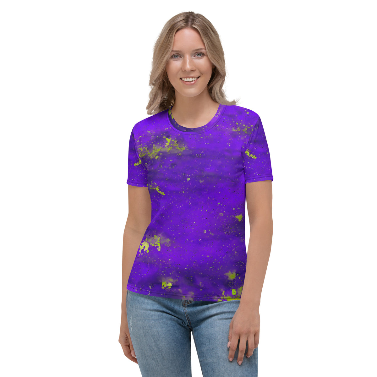 Women's crew neck T-shirt with abstract coffee stains.