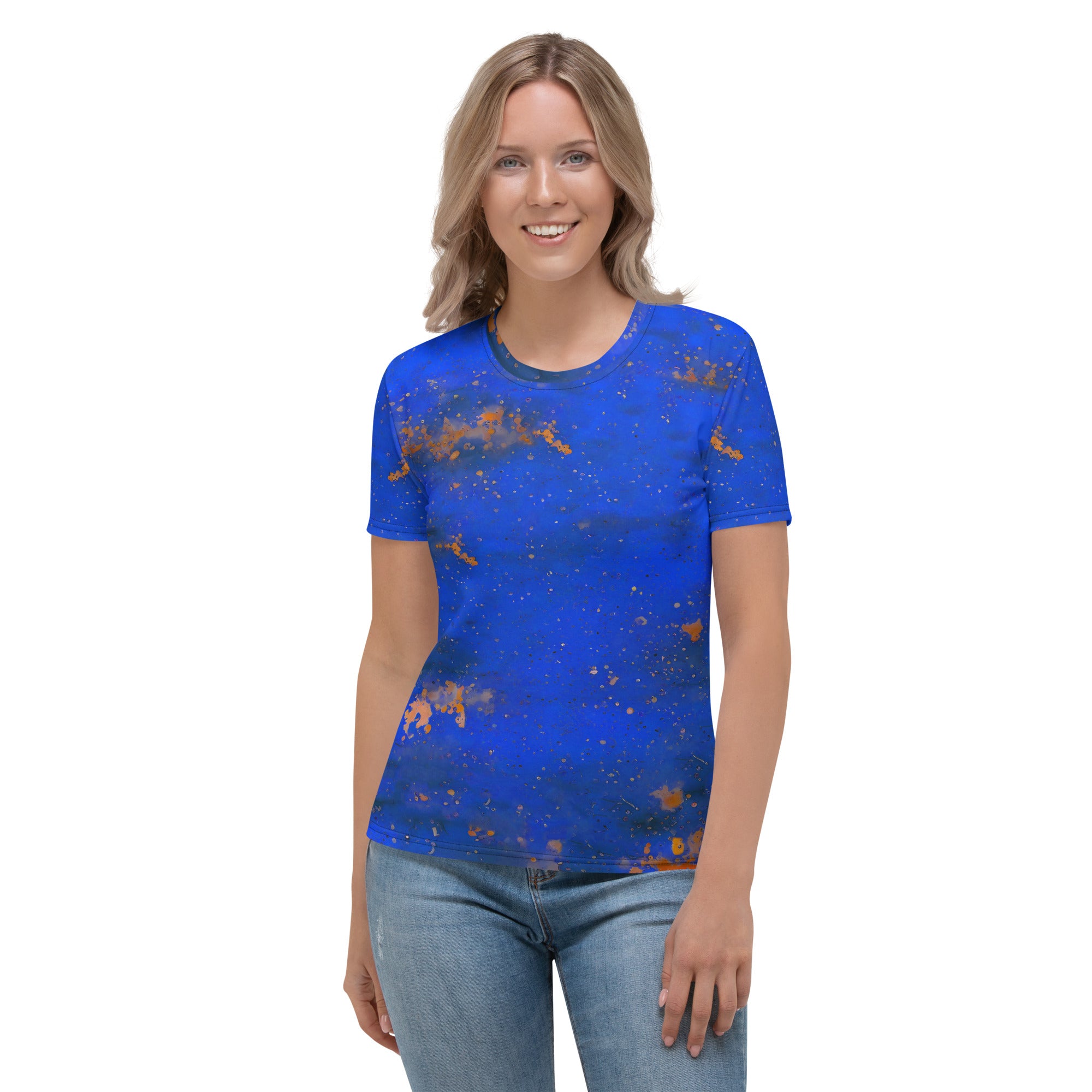 Women's crew neck T-shirt with colorful paint splashes.