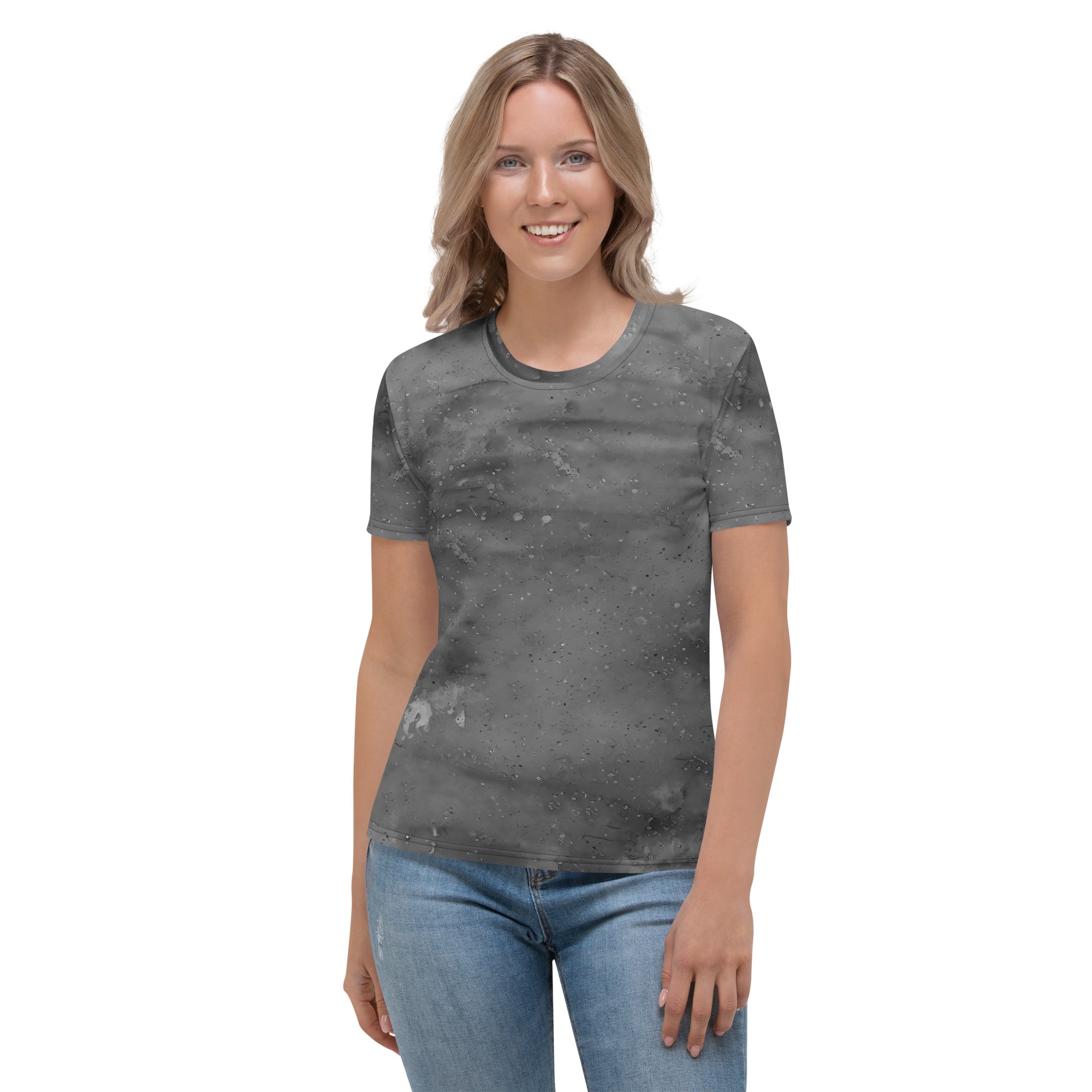 Women's crew neck T-shirt with realistic grass stains.