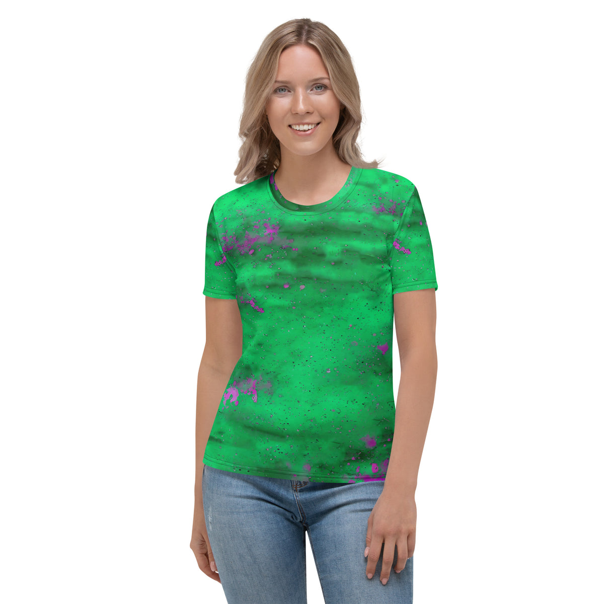 Women's crew neck T-shirt with mud splatter design.