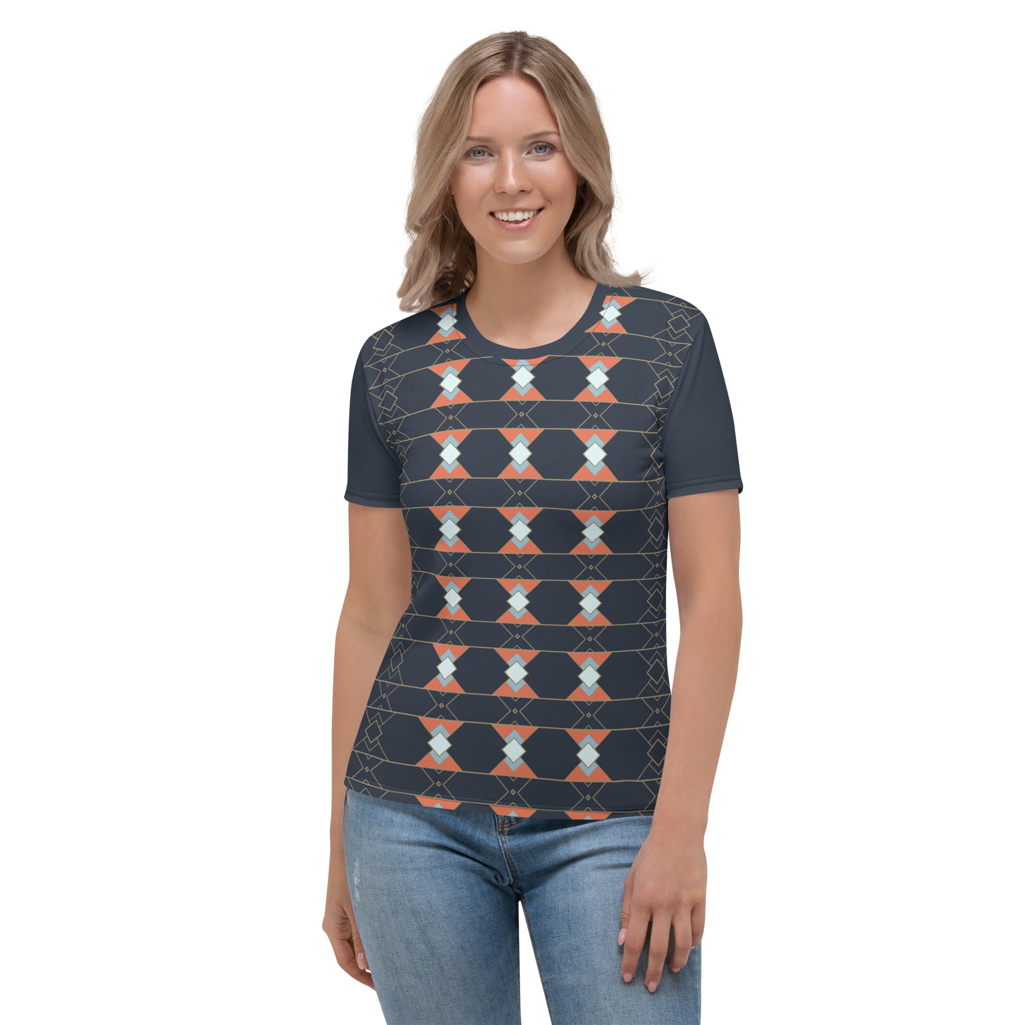 Close-up of Color Burst pattern on women's tee