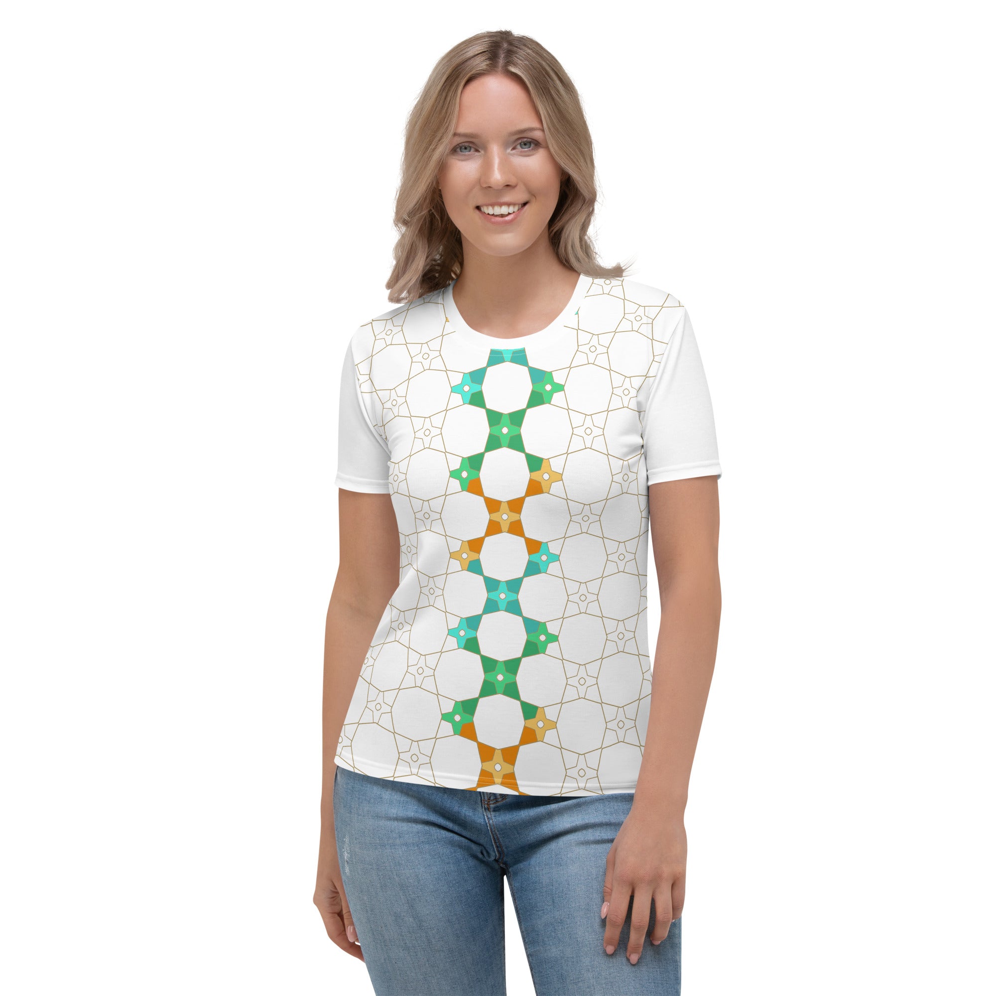 Woman wearing tropical paradise crewneck tee with palm design