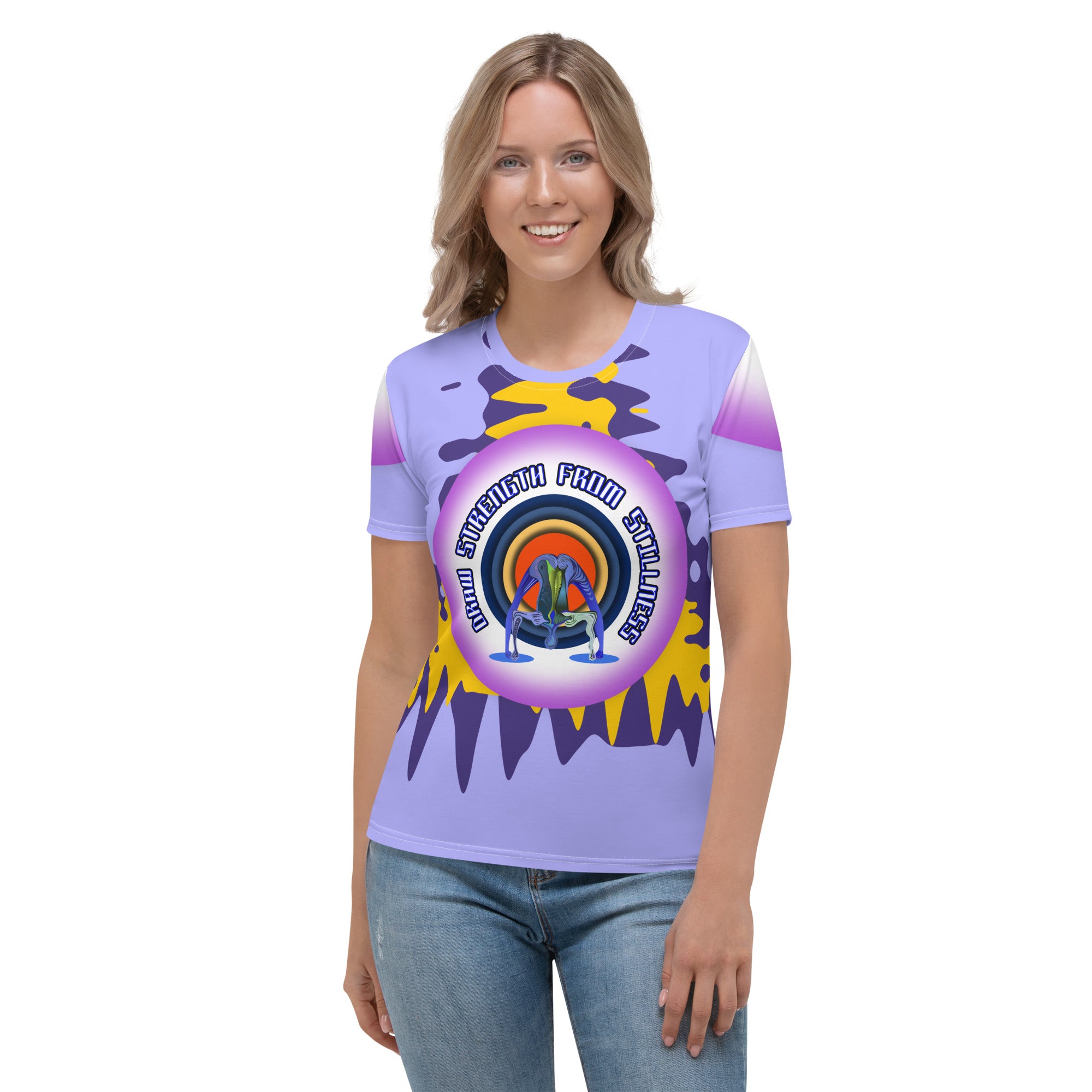 Woman wearing Sunrise Stretch crew neck t-shirt in casual setting.