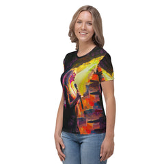 NS-970 women's t-shirt styled for a casual outing, model side view.