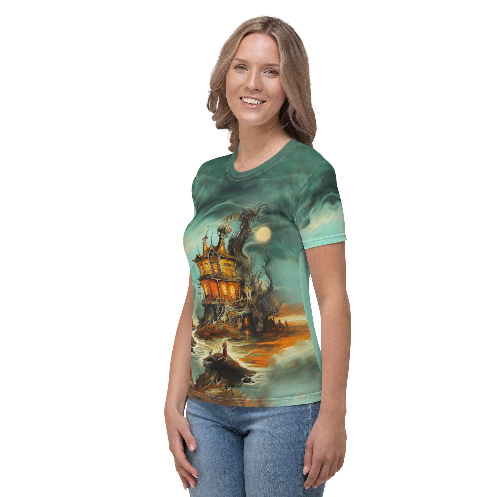 Elegant and playful women's crew neck tee featuring a Pumpkin Parade, ideal for Halloween festivities.