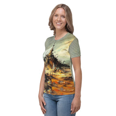 Elegantly spooky women's crew neck tee featuring a haunted house design, ideal for Halloween fashionistas.