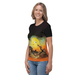 Stylish woman embracing the magic of Halloween in a crew neck t-shirt, celebrating with enchanting vibes.