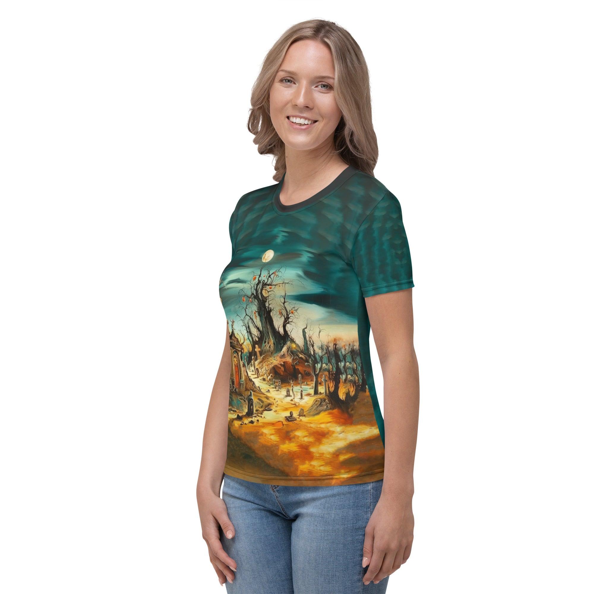 Stylish and spooky Fright Night Fashion women's tee, perfect for Halloween enthusiasts seeking fashion.