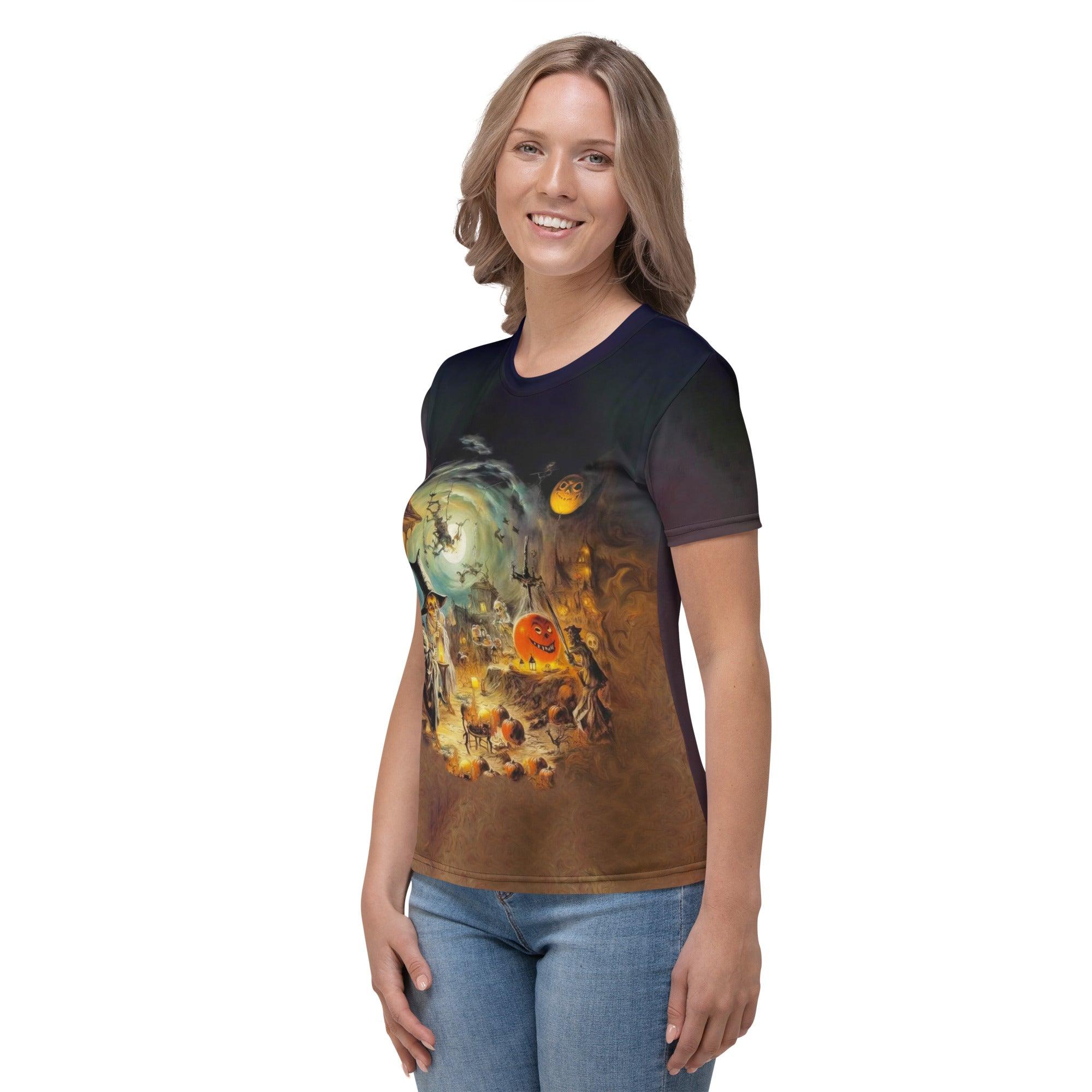 Brighten your Halloween look with the cheerful Jack o' Lantern Joy crew neck t-shirt for women.