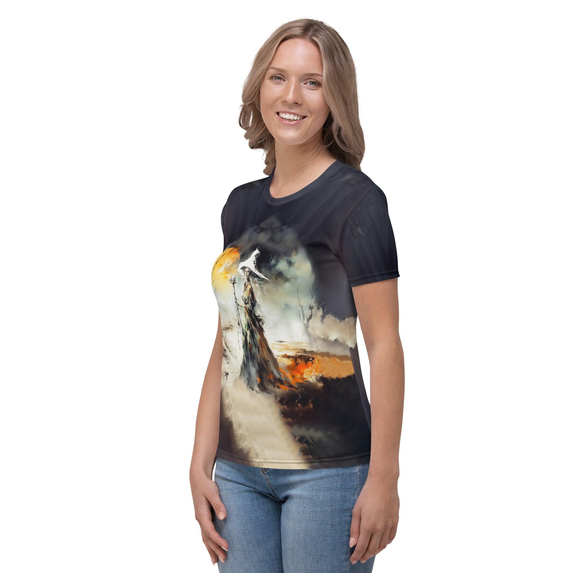 Elegantly eerie, the Bewitching Beauty crew neck t-shirt for women captivates with its mystical charm.