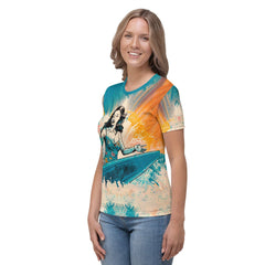 Surfing Bliss All-Over Print Women's Crew Neck T-Shirt Ride The Waves In Style - Beyond T-shirts