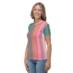 Rainbow Cascade Colorful Stripe All-Over Print Women's Crew Neck T-Shirt