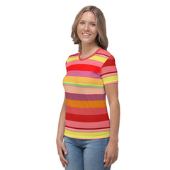 Electric Sunrise Colorful Stripe All-Over Print Women's Crew Neck T-Shirt