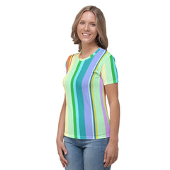 Woman wearing Candy Stripe Delight crew neck t-shirt, casual style.