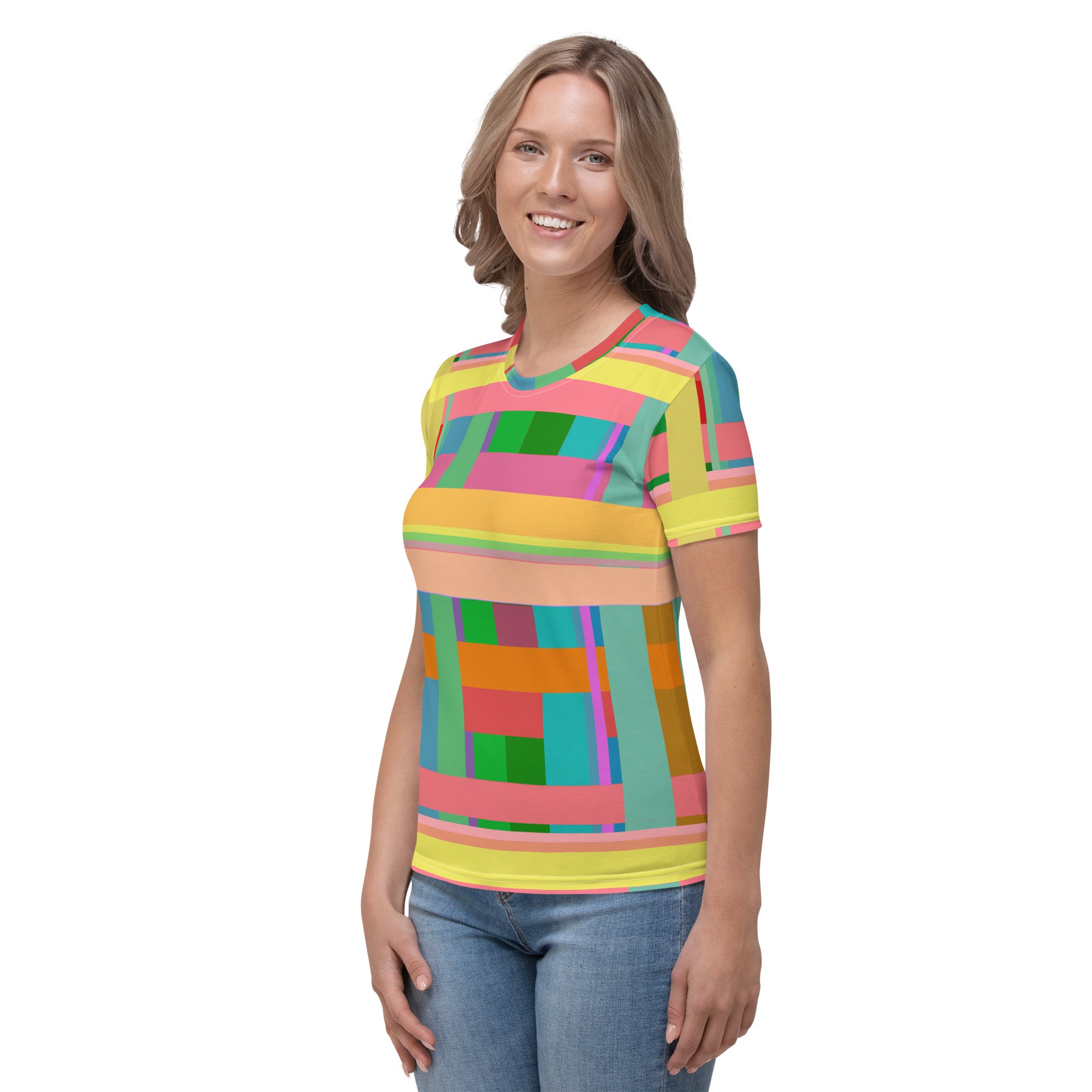 Colorful Rainbow Cascade T-Shirt for women, combining fashion-forward style with everyday comfort.