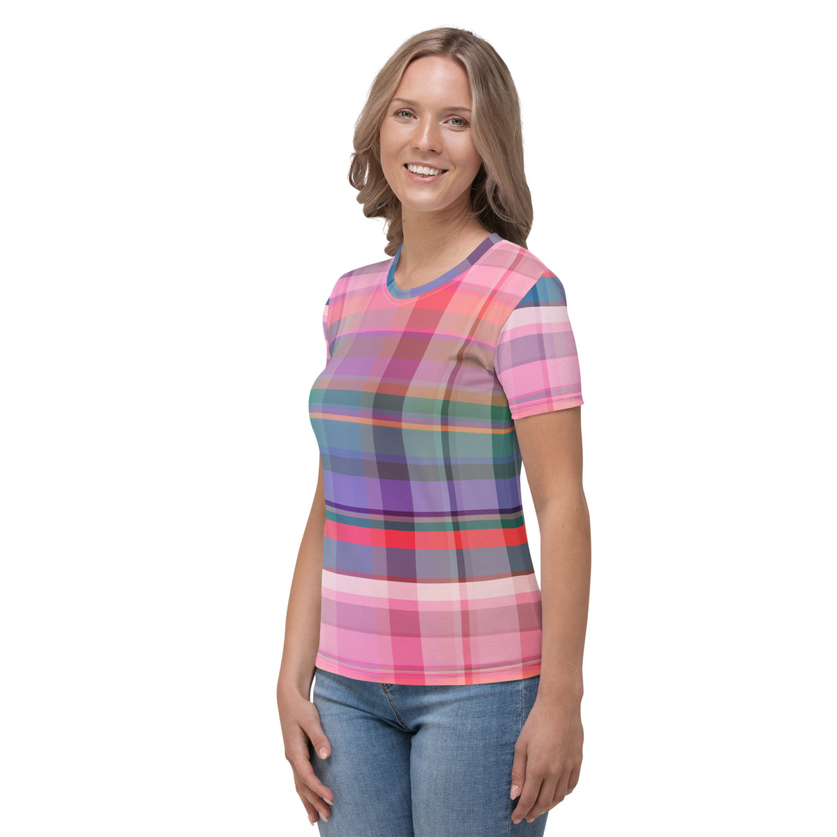 Vibrant Prism Fusion print on a Women's Crew Neck T-Shirt, showcasing a spectrum of colors for a standout look.