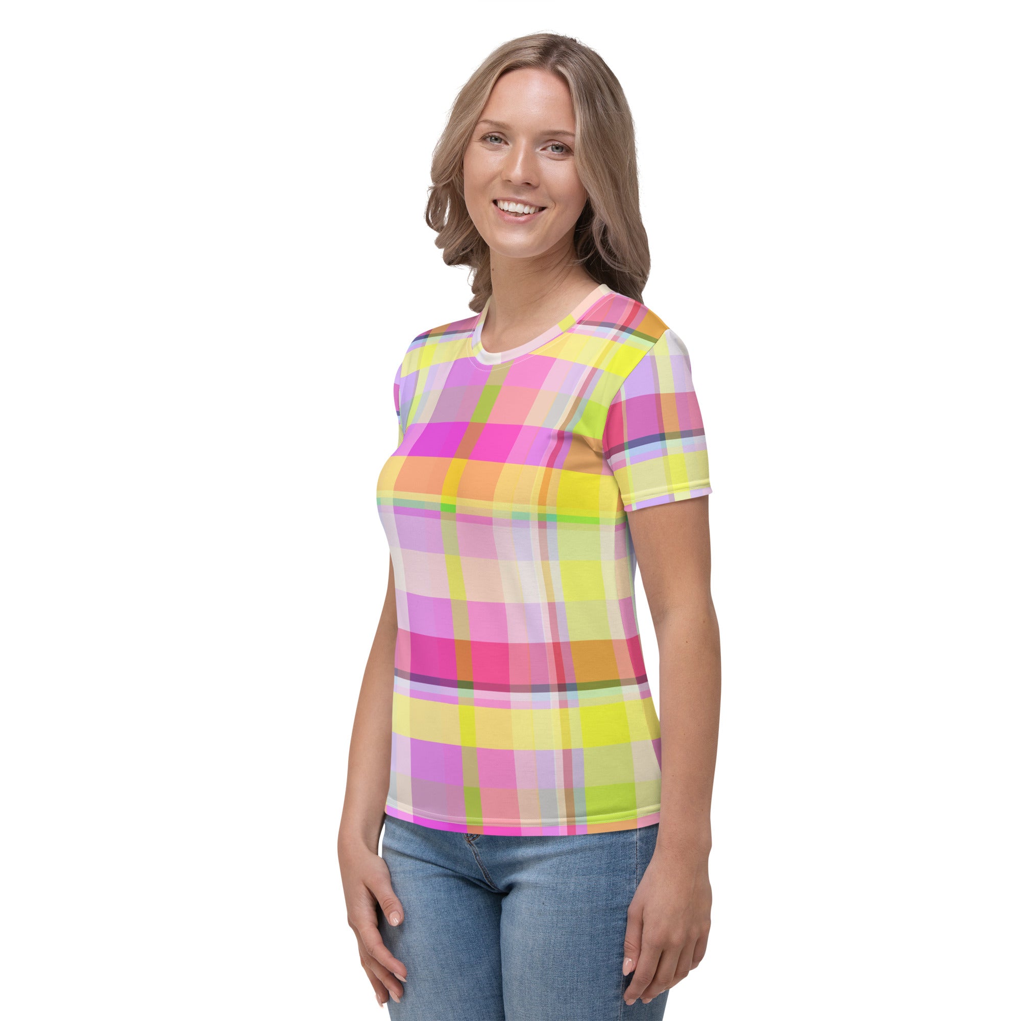 Start your day bright with this Sunrise Spectrum Crew Neck T-Shirt, designed for women who love to shine.