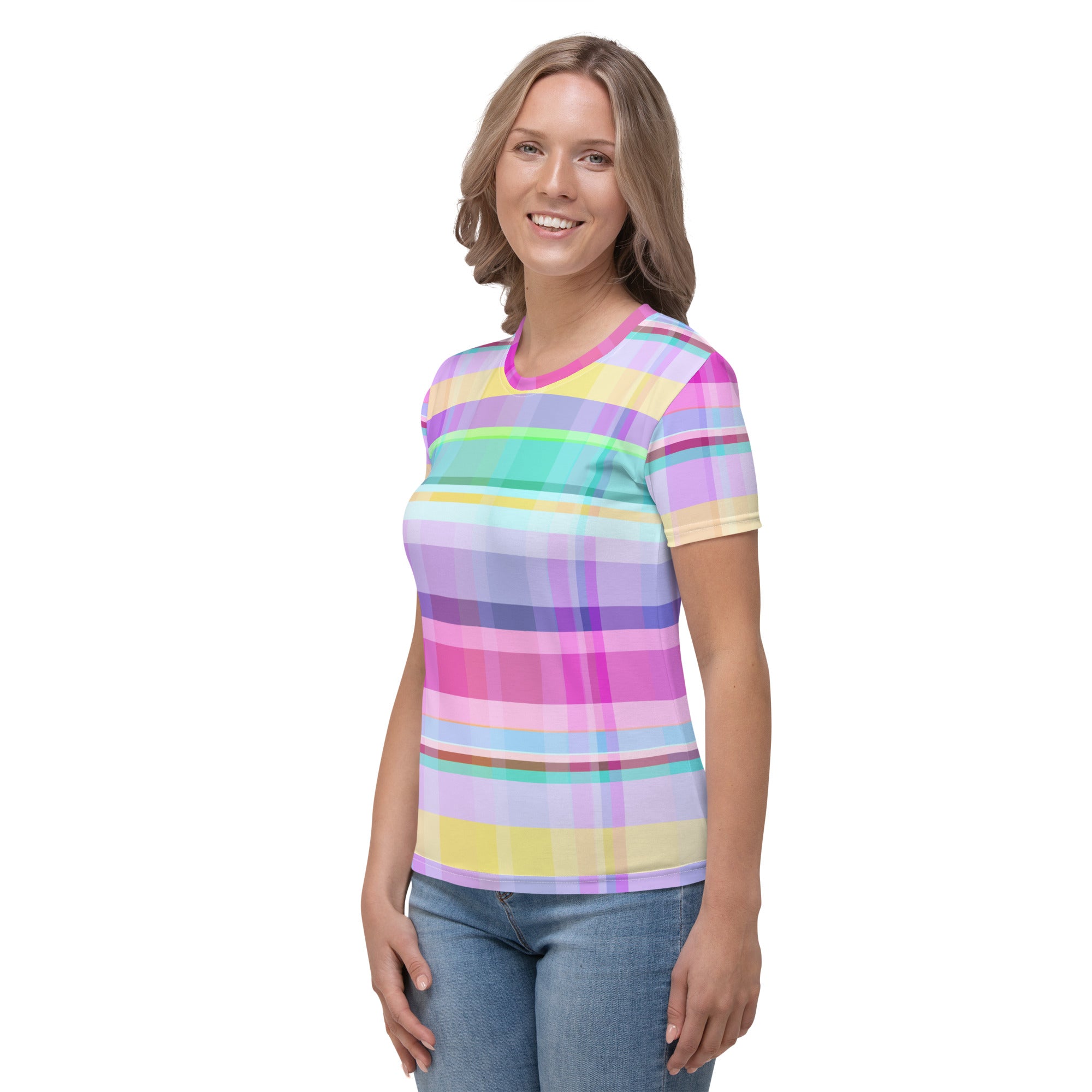 Stunning Galactic Wave Women's T-Shirt with a vibrant cosmic design for space lovers.