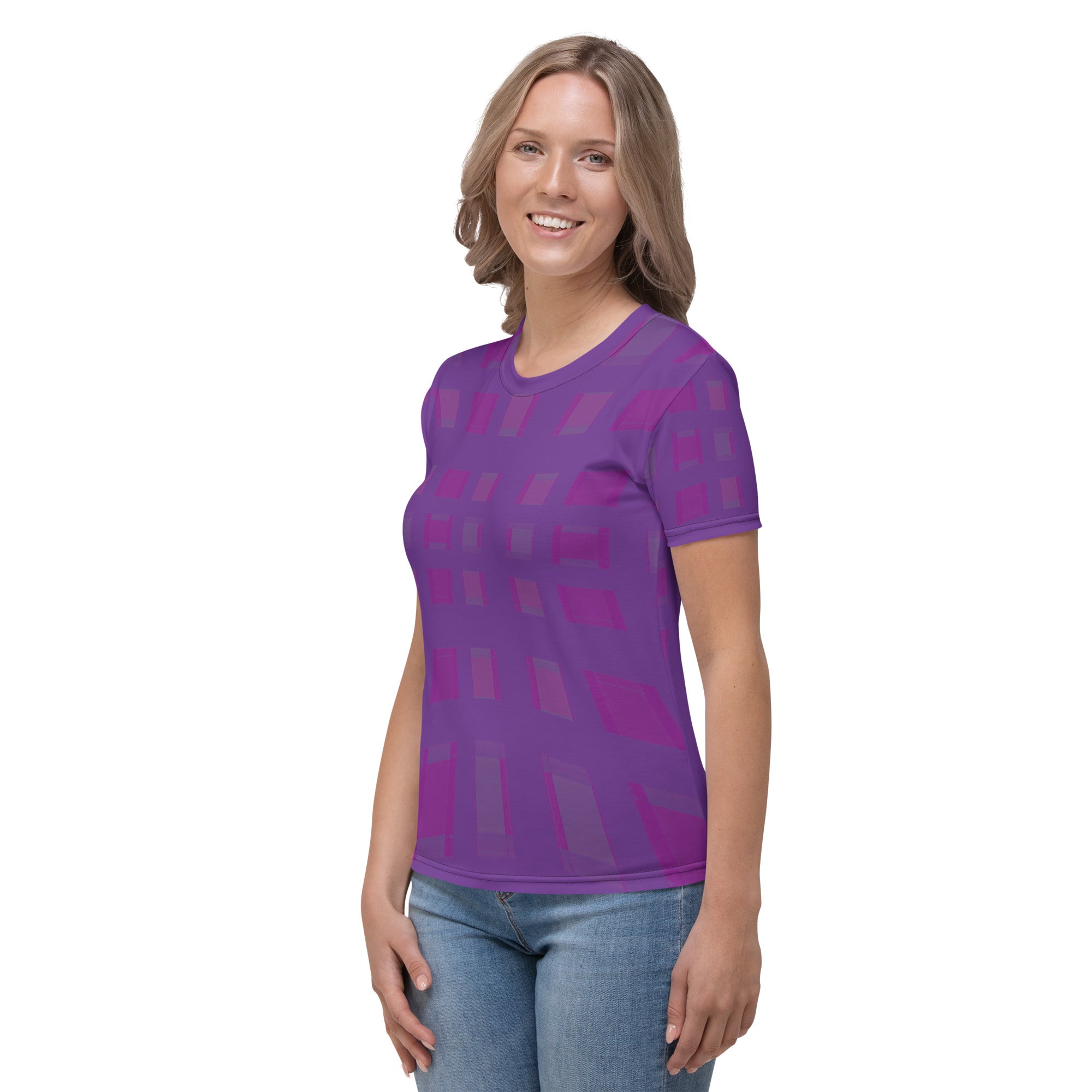 Women's Crew Neck T-Shirt with Watercolor Waves Pattern Side View