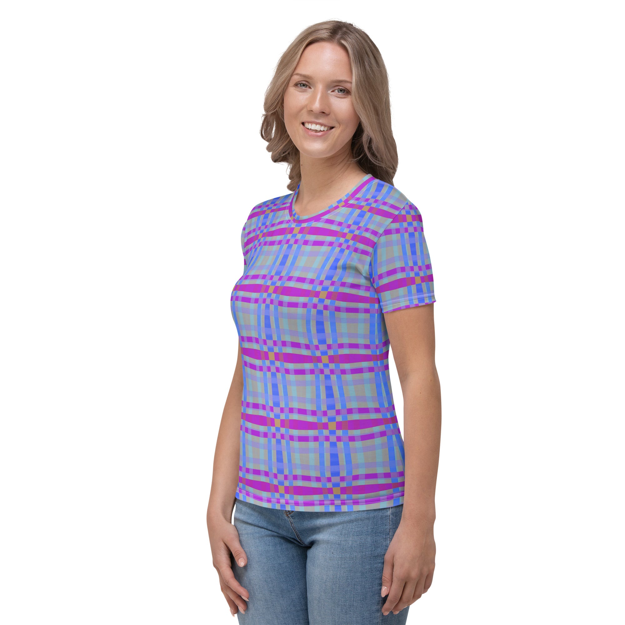 Woman wearing Sunset Serenity Stripe Crew Neck T-Shirt.