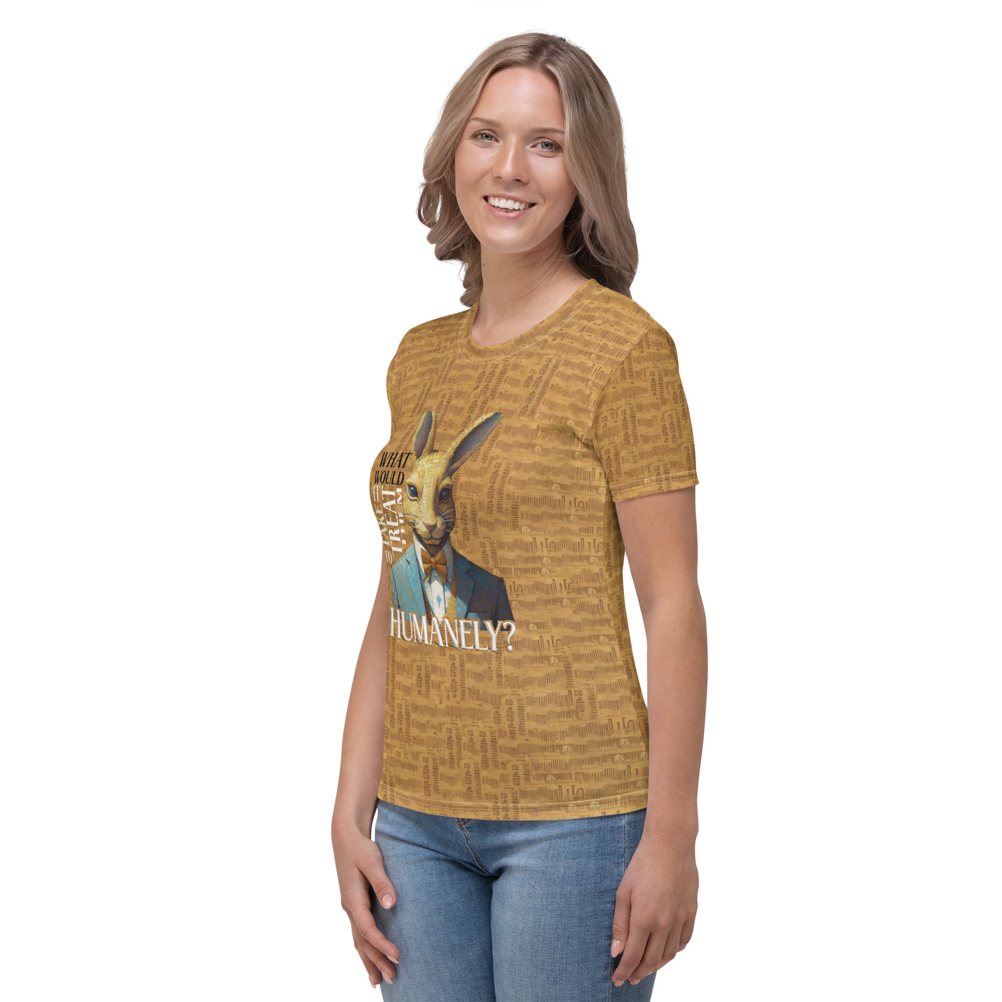 Front view of Charming Cat women's crew neck t-shirt on hanger.