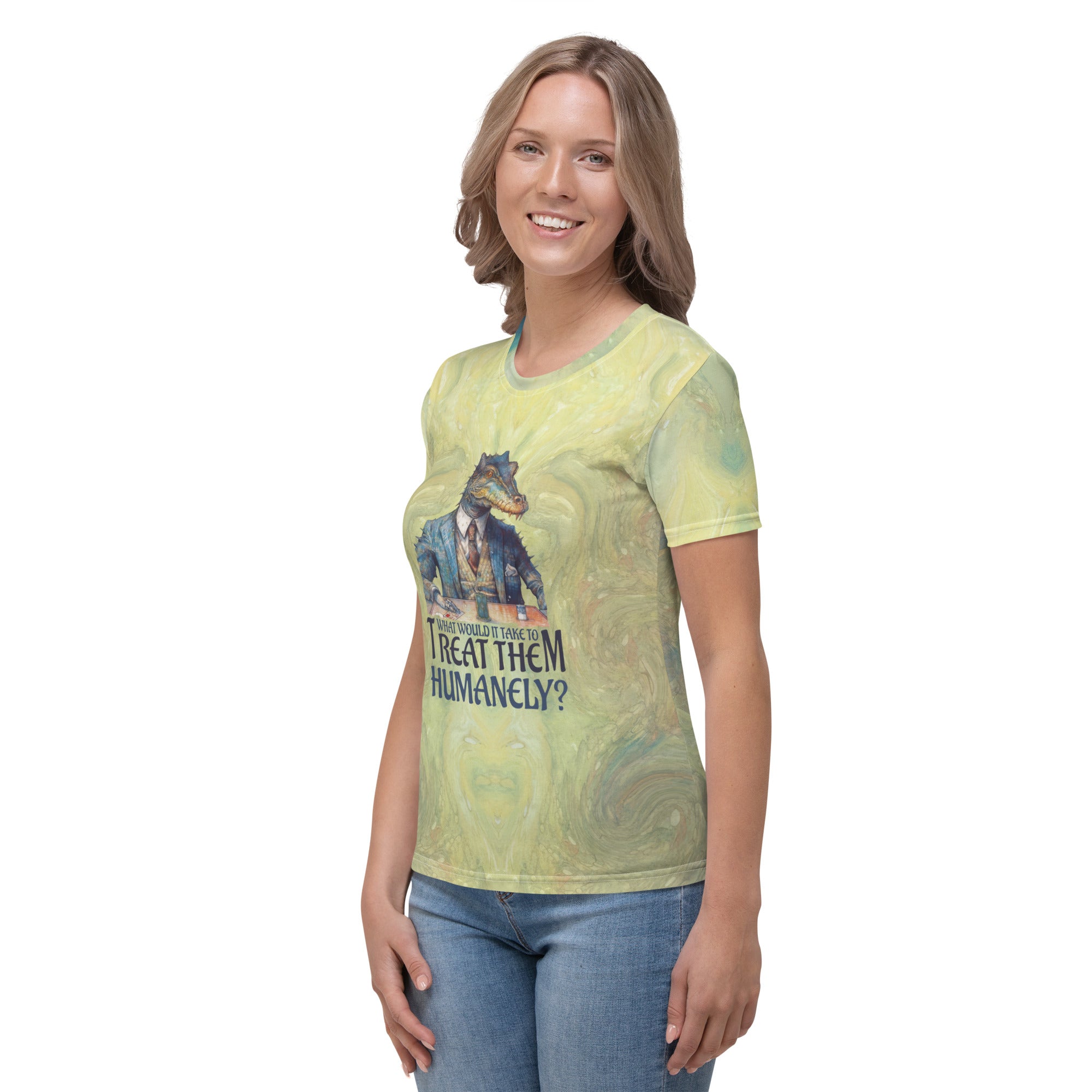 Stylish women's crew neck t-shirt featuring whimsical whale.