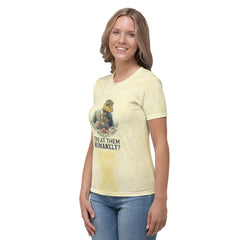 Side view of woman modeling Regal Rhino women's crew neck t-shirt.