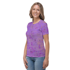 Model showcasing the colorful Rainbow Rhapsody Women's Crew Neck T-Shirt.