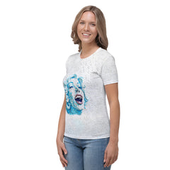 Elegant woman wearing butterfly crew neck T-shirt outdoors.