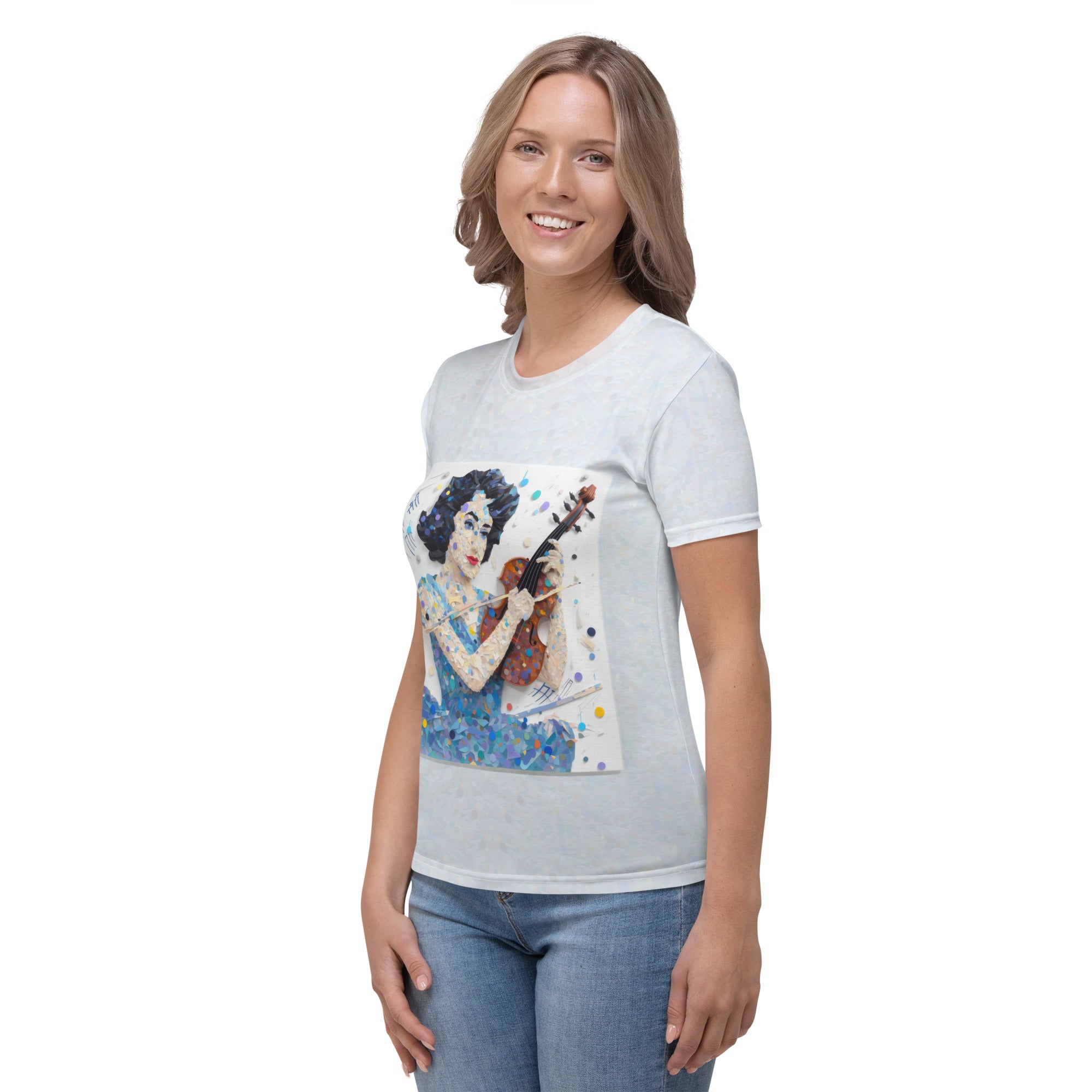 Woman wearing Geometric Symphony crew neck t-shirt, side view