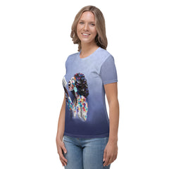 Fashionable woman in Celestial Paper Stars T-Shirt, casual style.