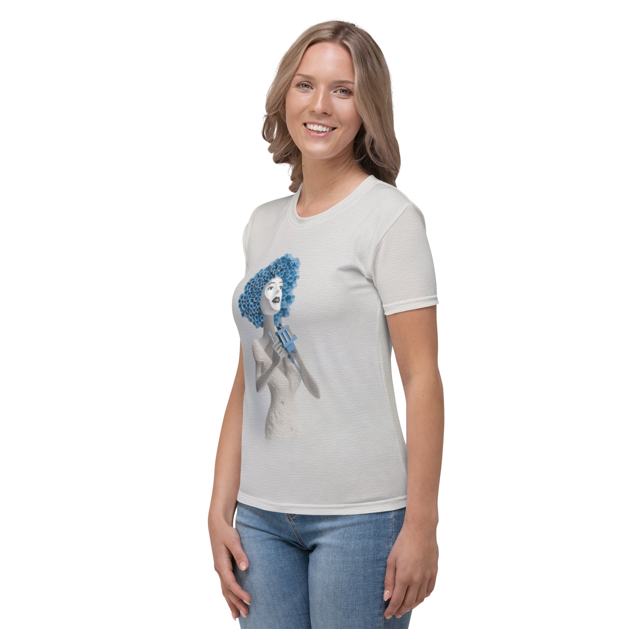 Woman wearing Sakura Blossom Elegance T-Shirt in a spring outdoor setting.