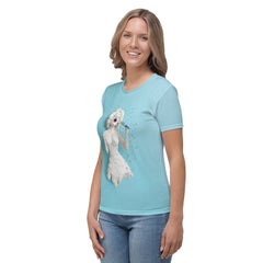 Comfortable crew neck t-shirt for women featuring galactic cranes.