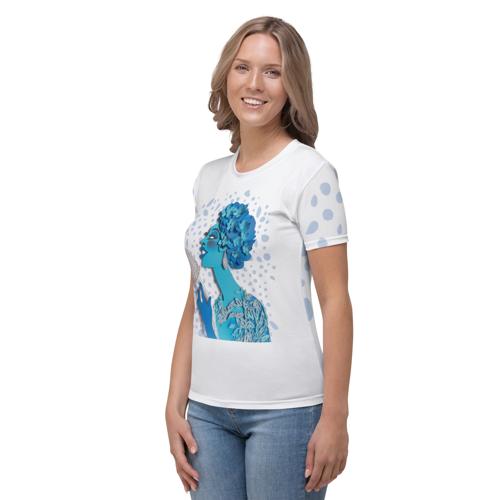 Mountain Majesty crew neck t-shirt for women displayed on a hanger