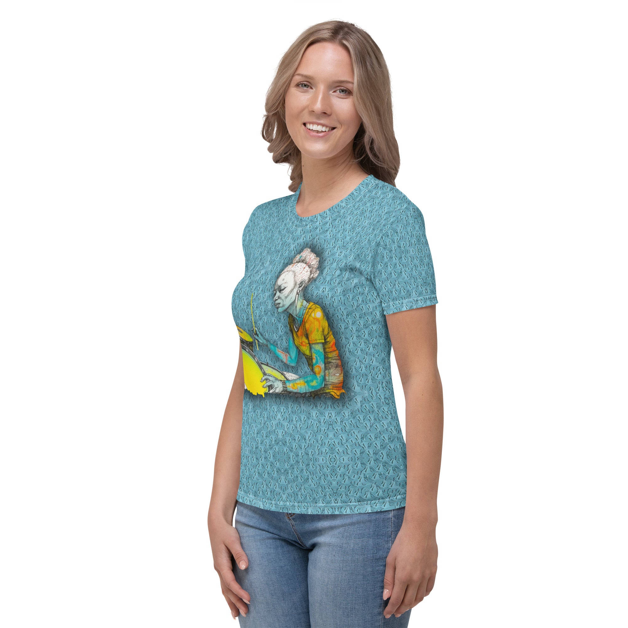 Model wearing Blooming Blossoms Women's Crew Neck T-Shirt with jeans.