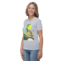 Model wearing Blossom Bliss Women's Crew Neck T-Shirt with jeans.