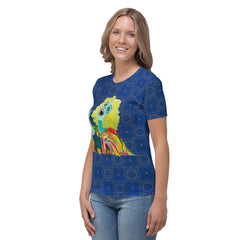 Model wearing Botanical Bliss Women's Crew Neck T-Shirt with jeans.