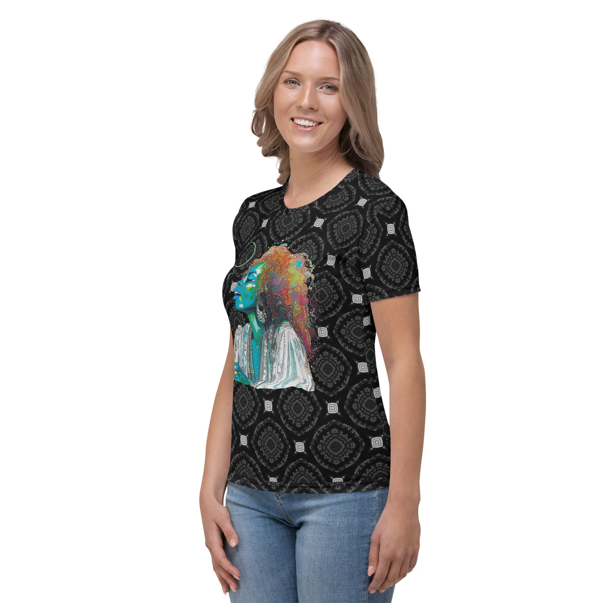 Model wearing Flower Crown Queen Women's Crew Neck T-Shirt with jeans.