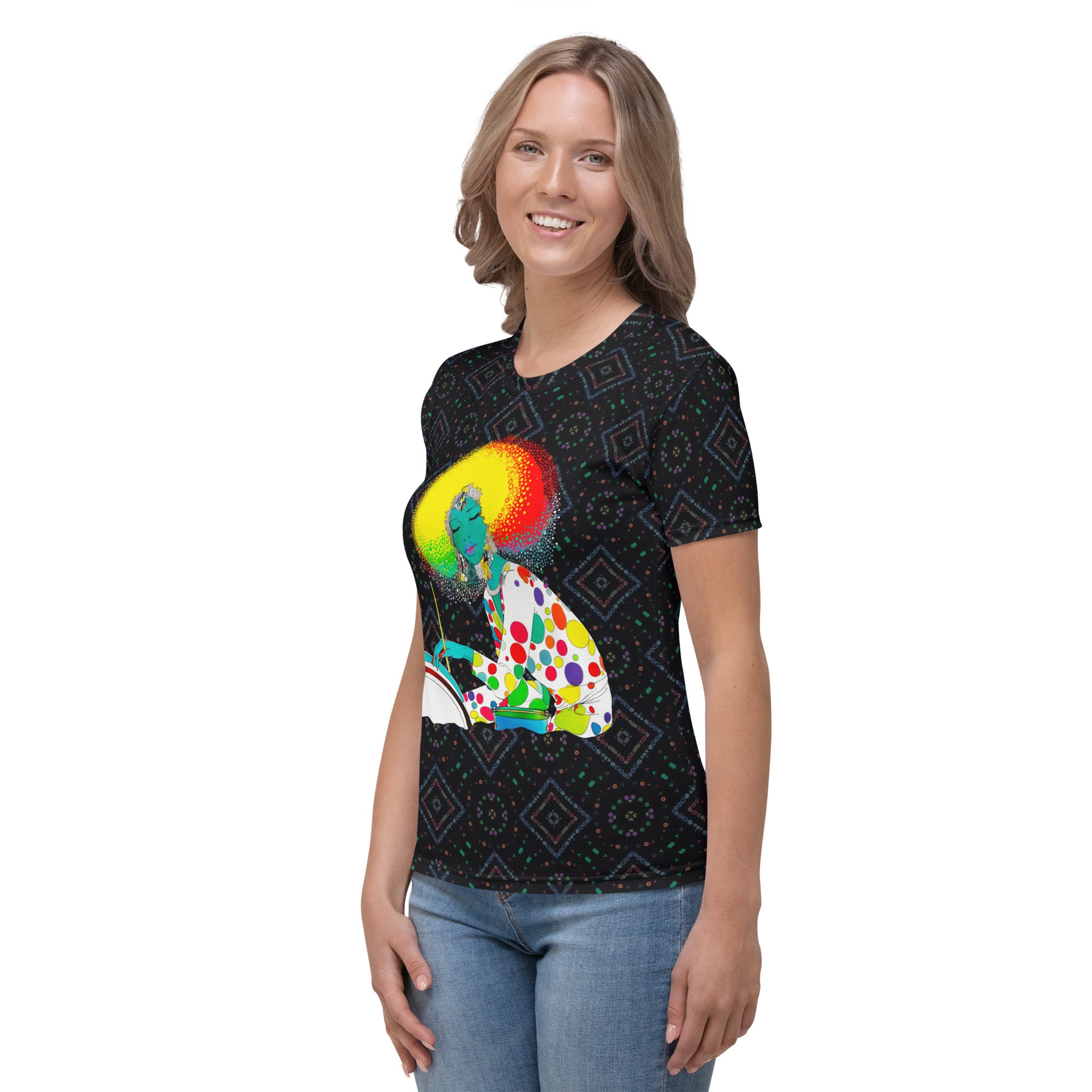 Mystic's Meadow Women's Crew Neck T-Shirt on a clothing mannequin.