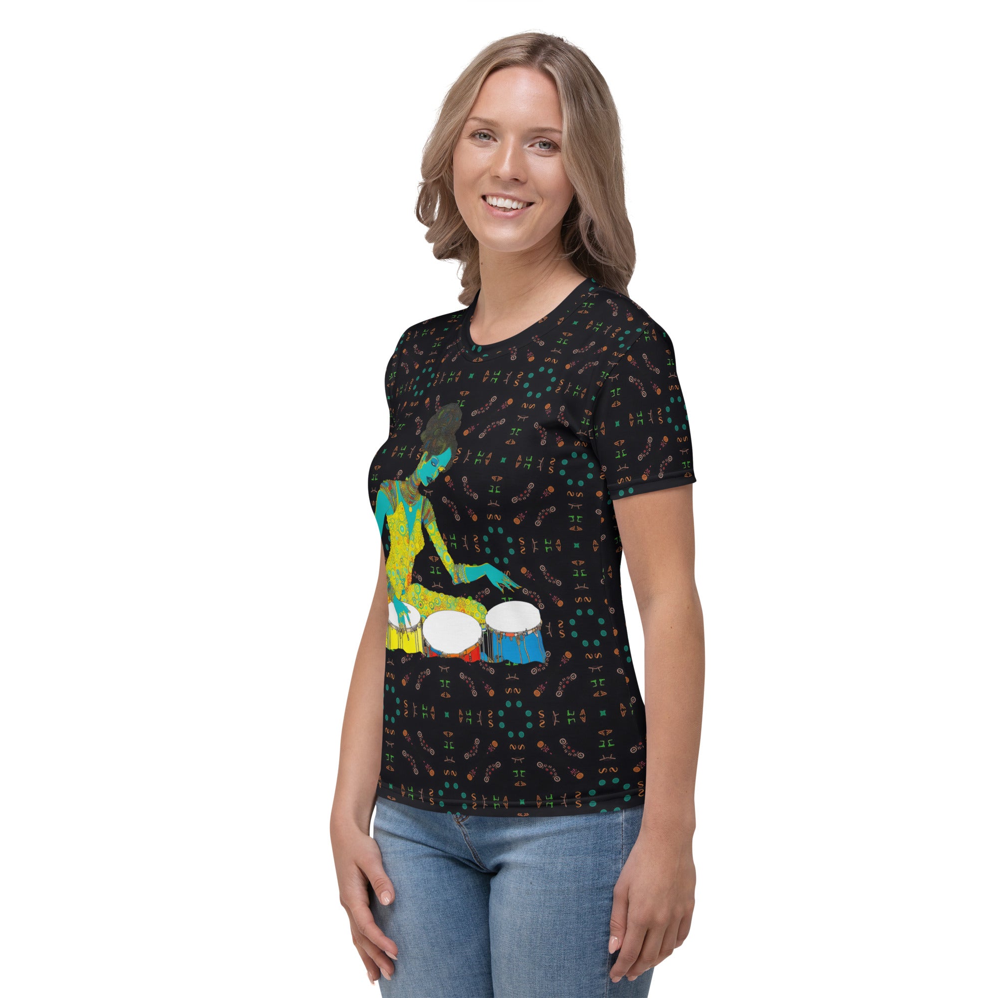 Botanical Peace Bliss Women's Crew Neck T-Shirt on a clothing mannequin.
